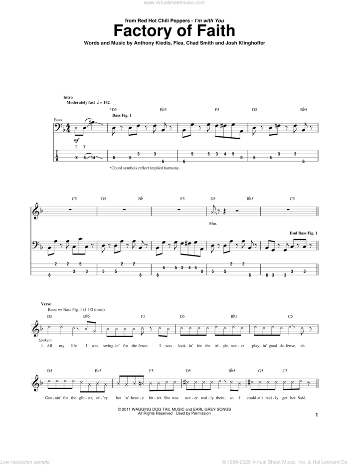 Factory Of Faith sheet music for bass (tablature) (bass guitar) by Red Hot Chili Peppers, Anthony Kiedis, Chad Smith, Flea and Josh Klinghoffer, intermediate skill level