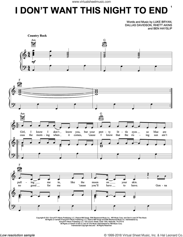 I Don't Want This Night To End sheet music for voice, piano or guitar by Luke Bryan, Ben Hayslip, Dallas Davidson and Rhett Akins, intermediate skill level