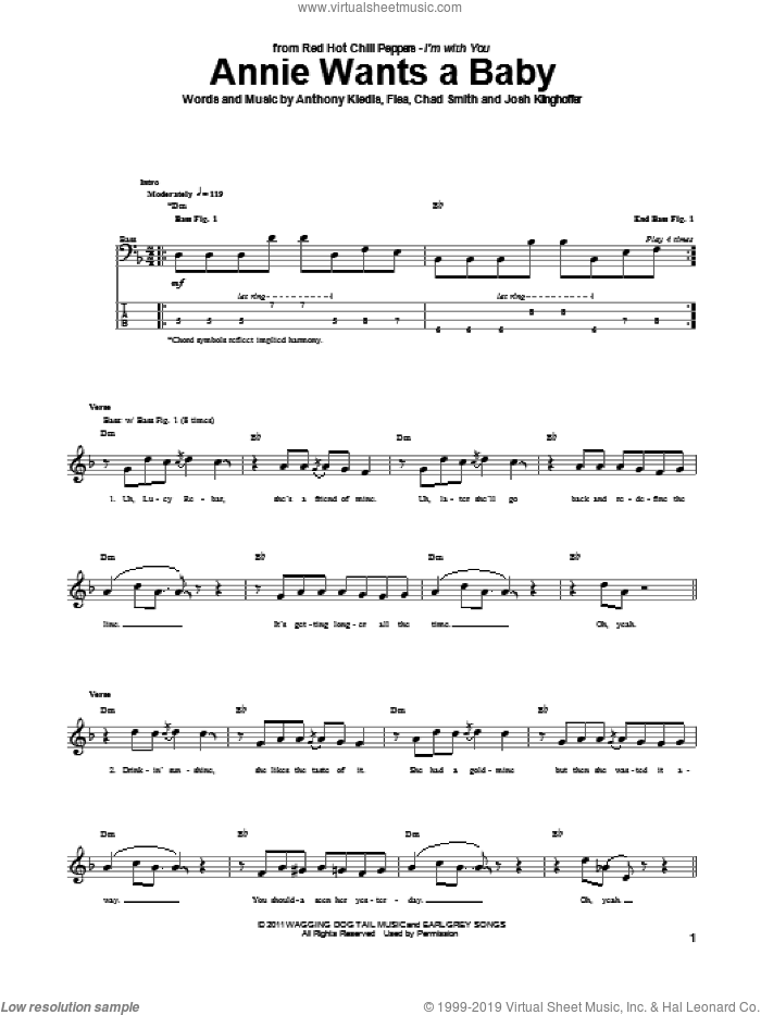 Annie Wants A Baby sheet music for bass (tablature) (bass guitar) by Red Hot Chili Peppers, Anthony Kiedis, Chad Smith, Flea and Josh Klinghoffer, intermediate skill level