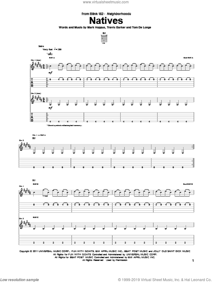 Natives sheet music for guitar (tablature) by Blink-182, Mark Hoppus, Tom DeLonge and Travis Barker, intermediate skill level