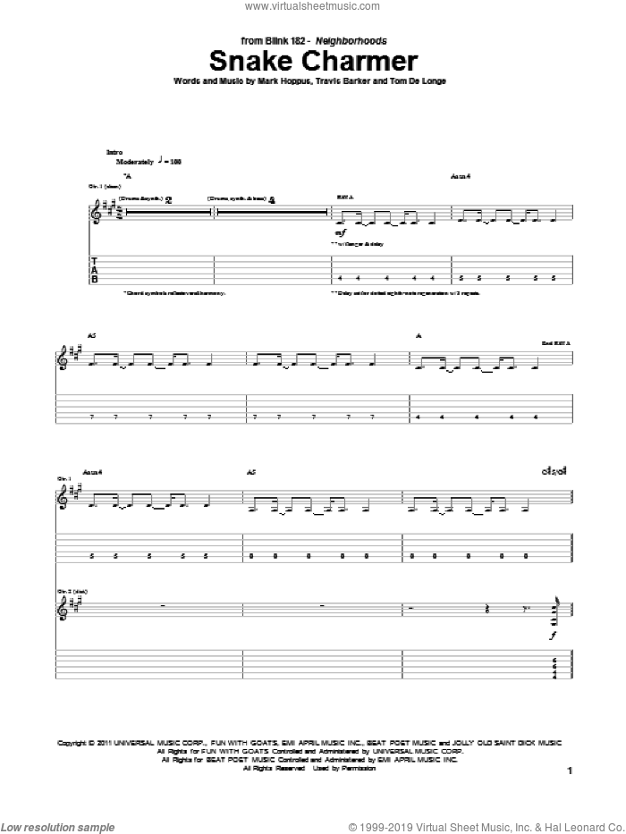 Snake Charmer sheet music for guitar (tablature) by Blink-182, Mark Hoppus, Tom DeLonge and Travis Barker, intermediate skill level