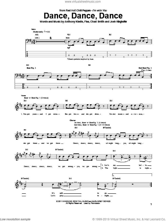 Dance, Dance, Dance sheet music for bass (tablature) (bass guitar) by Red Hot Chili Peppers, Anthony Kiedis, Chad Smith, Flea and Josh Klinghoffer, intermediate skill level