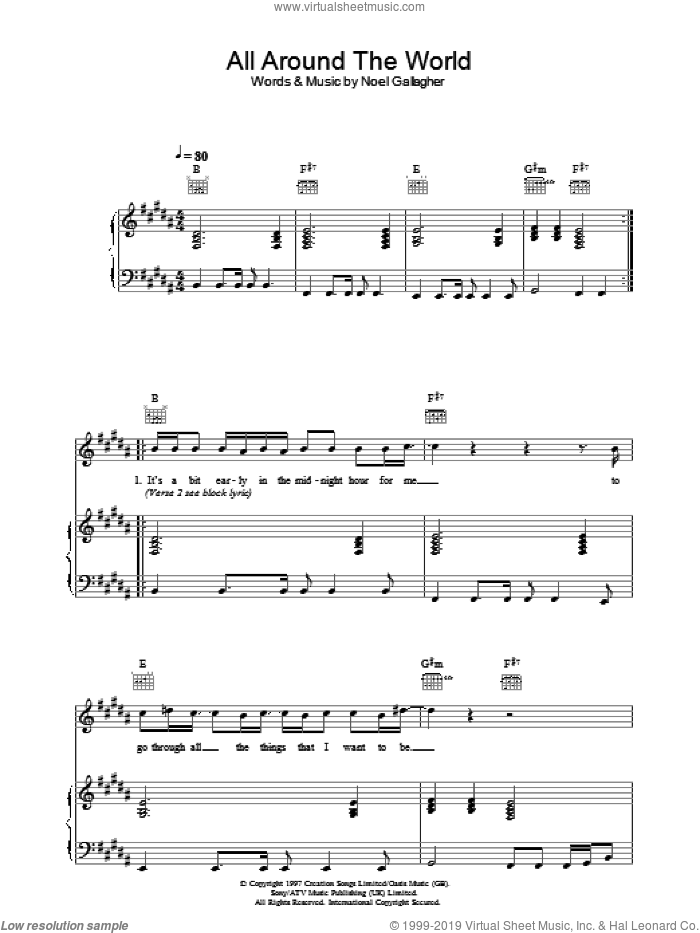 All Around The World (Reprise) sheet music for voice, piano or guitar by Oasis and Noel Gallagher, intermediate skill level