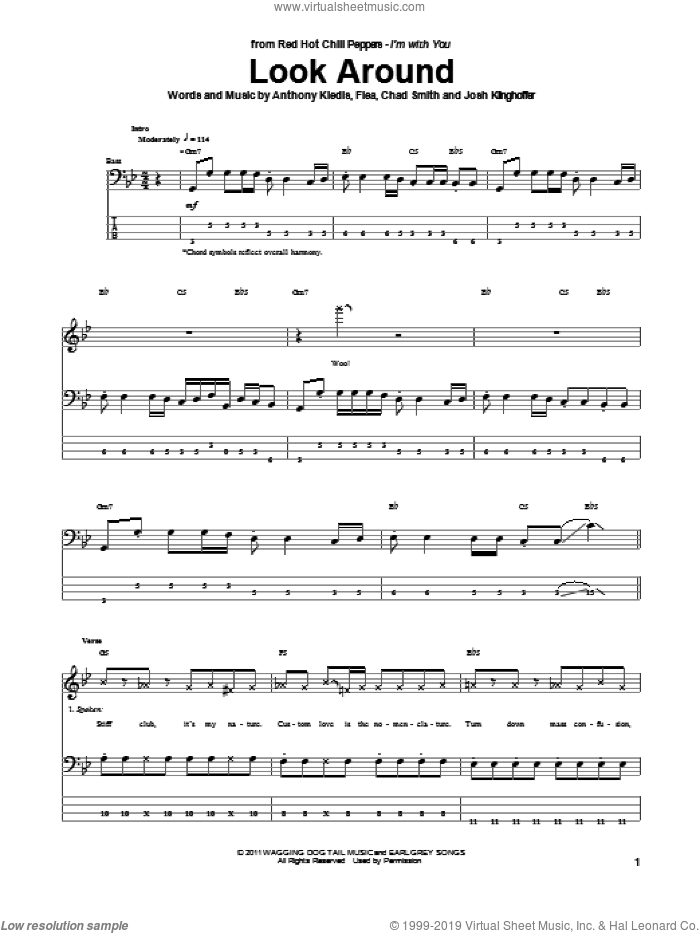 Look Around sheet music for bass (tablature) (bass guitar) by Red Hot Chili Peppers, Anthony Kiedis, Chad Smith, Flea and Josh Klinghoffer, intermediate skill level