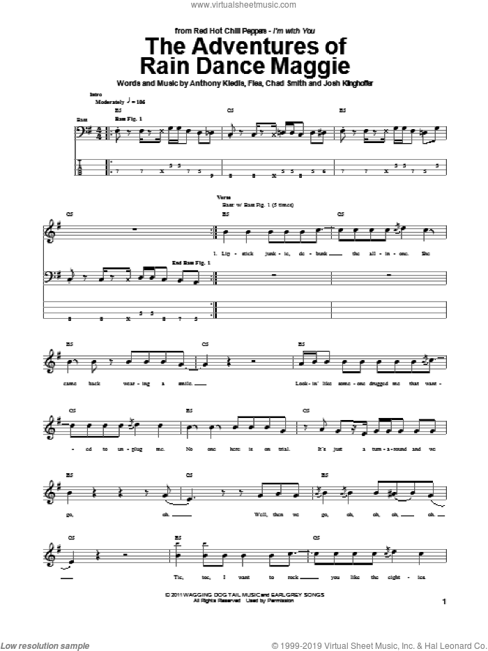 The Adventures Of Rain Dance Maggie sheet music for bass (tablature) (bass guitar) by Red Hot Chili Peppers, Anthony Kiedis, Chad Smith, Flea and Josh Klinghoffer, intermediate skill level