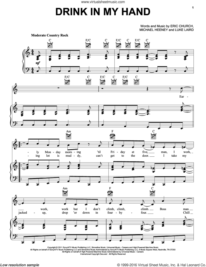 Drink In My Hand sheet music for voice, piano or guitar by Eric Church, Luke Laird and Michael Heeney, intermediate skill level