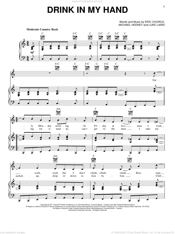 Drink In My Hand sheet music for voice, piano or guitar by Eric Church, Luke Laird and Michael Heeney, intermediate skill level