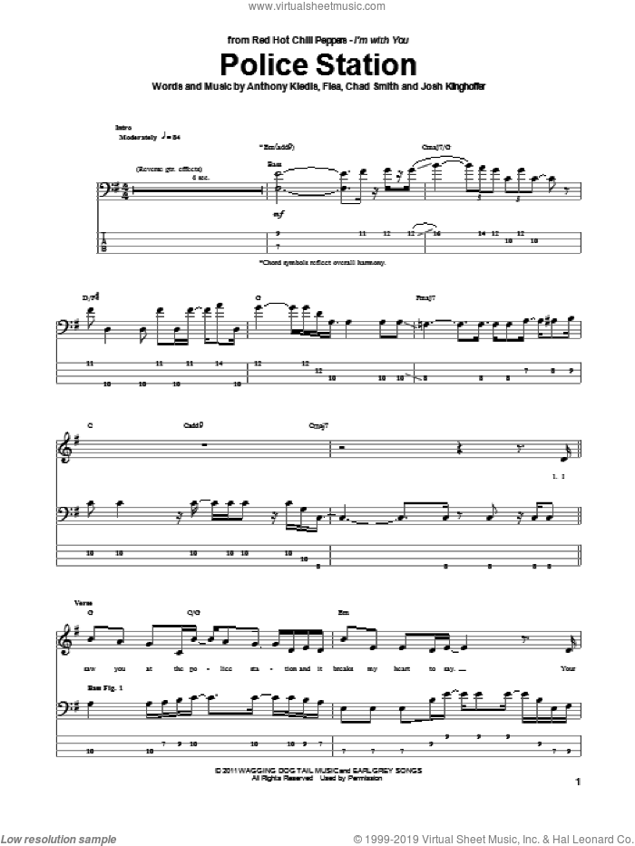 Police Station sheet music for bass (tablature) (bass guitar) by Red Hot Chili Peppers, Anthony Kiedis, Chad Smith, Flea and Josh Klinghoffer, intermediate skill level