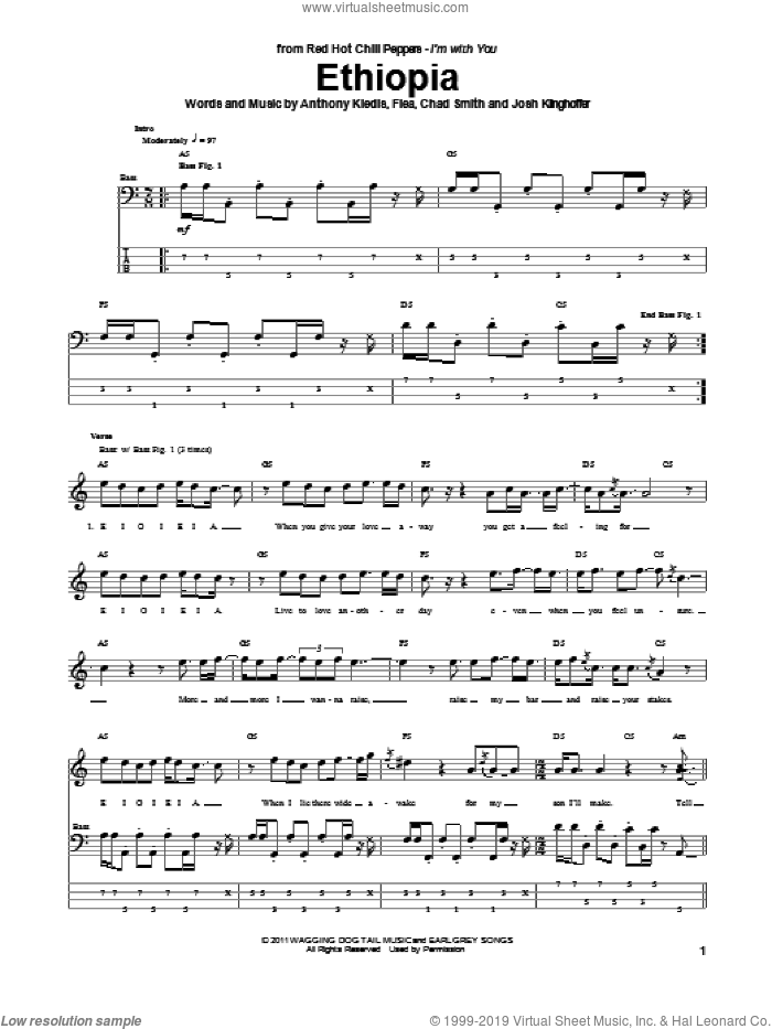 Ethiopia sheet music for bass (tablature) (bass guitar) by Red Hot Chili Peppers, Anthony Kiedis, Chad Smith, Flea and Josh Klinghoffer, intermediate skill level