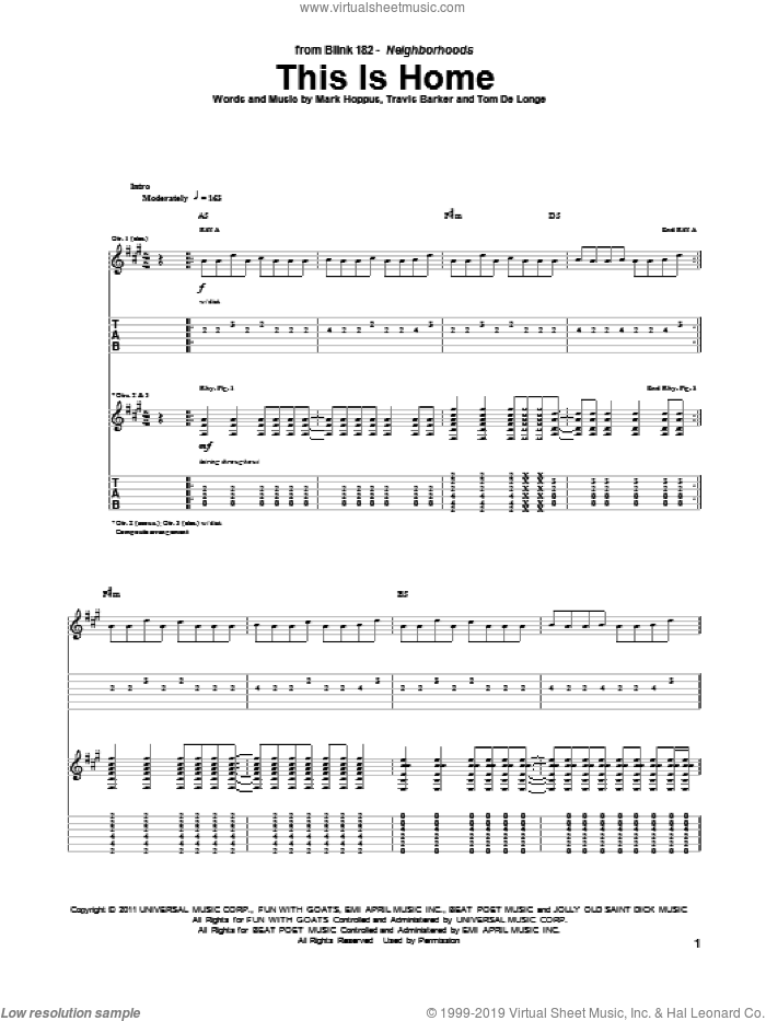 This Is Home sheet music for guitar (tablature) by Blink-182, Mark Hoppus, Tom DeLonge and Travis Barker, intermediate skill level