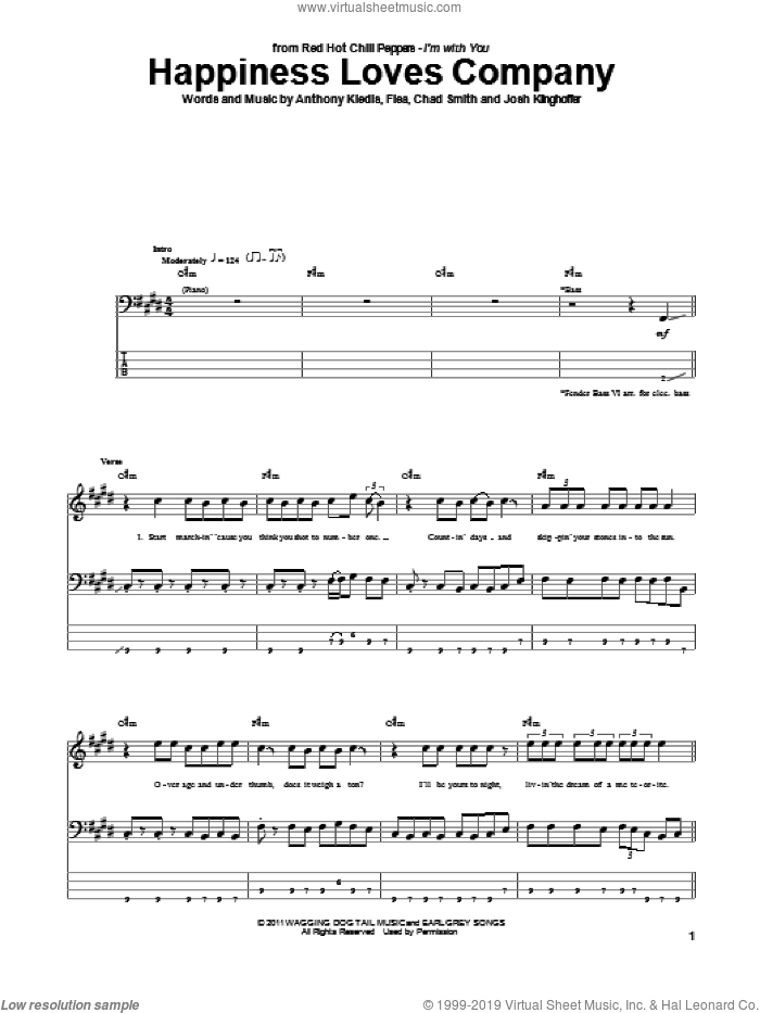 Happiness Loves Company sheet music for bass (tablature) (bass guitar) by Red Hot Chili Peppers, Anthony Kiedis, Chad Smith, Flea and Josh Klinghoffer, intermediate skill level