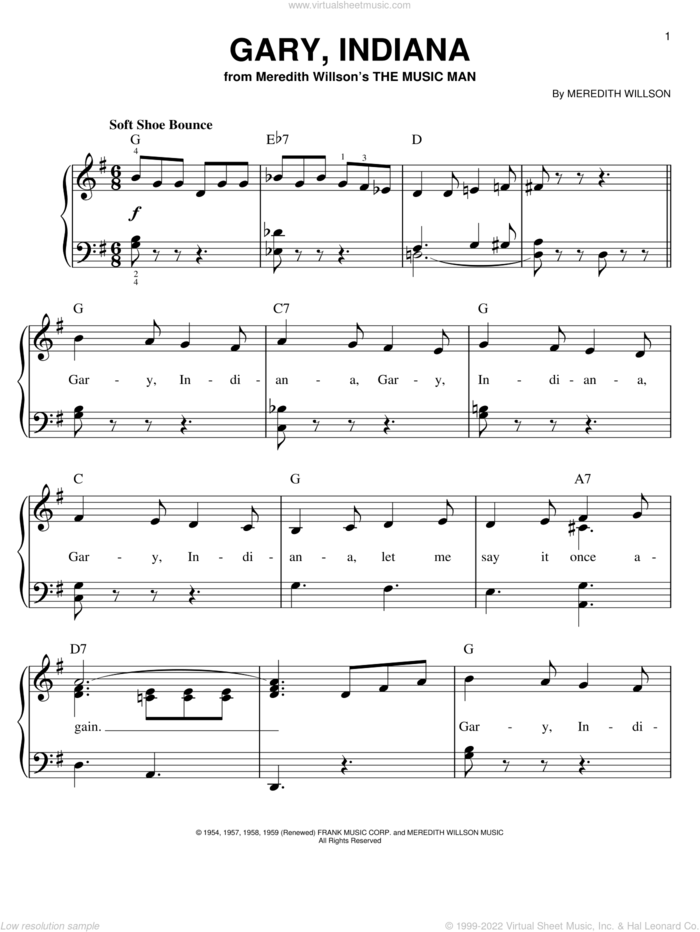 Gary, Indiana sheet music for piano solo by Meredith Willson and The Music Man (Musical), easy skill level