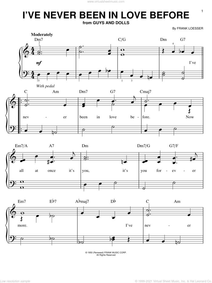 I've Never Been In Love Before sheet music for piano solo by Frank Loesser and Guys And Dolls (Musical), easy skill level