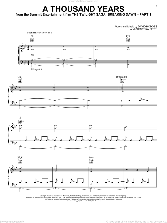 A Thousand Years sheet music for voice, piano or guitar by Christina Perri, David Hodges and Twilight: Breaking Dawn Part 1 (Movie), wedding score, intermediate skill level