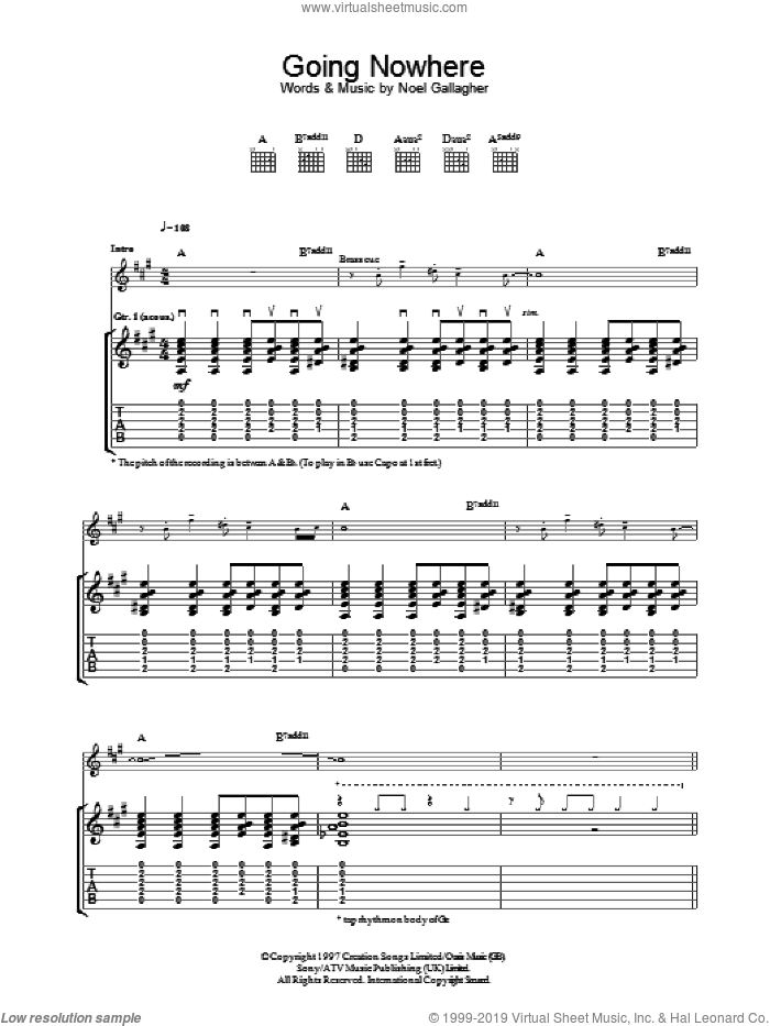 Going Nowhere sheet music for guitar (tablature) by Oasis and Noel Gallagher, intermediate skill level