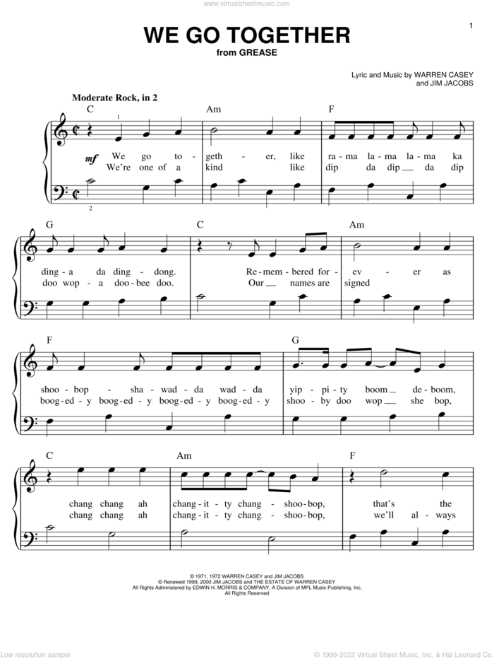 We Go Together sheet music for piano solo by Jim Jacobs, Grease (Musical) and Warren Casey, easy skill level