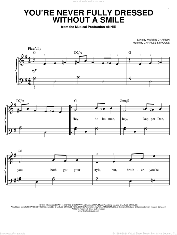 You're Never Fully Dressed Without A Smile sheet music for piano solo by Charles Strouse, Annie (Musical) and Martin Charnin, easy skill level