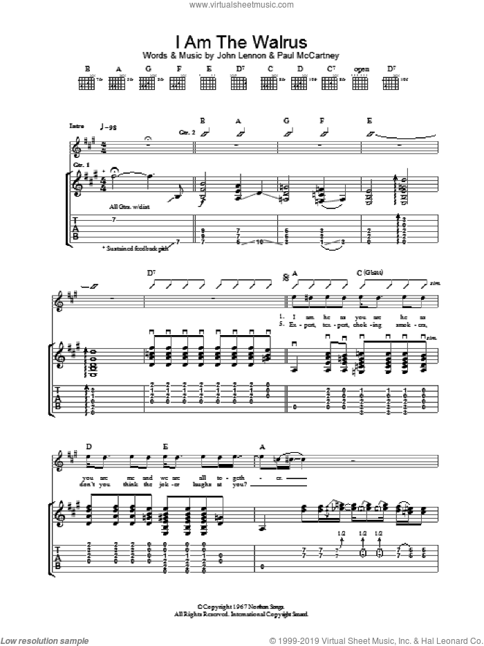 I Am The Walrus sheet music for guitar (tablature) by Oasis, John Lennon and Paul McCartney, intermediate skill level