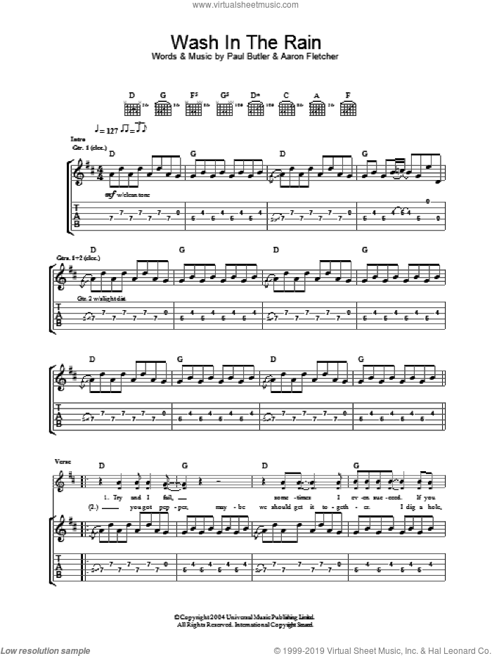 Wash In The Rain sheet music for guitar (tablature) by The Bees, Aaron Fletcher and Paul Butler, intermediate skill level