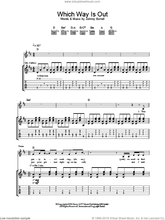 Which Way Is Out sheet music for guitar (tablature) by Razorlight and Johnny Borrell, intermediate skill level