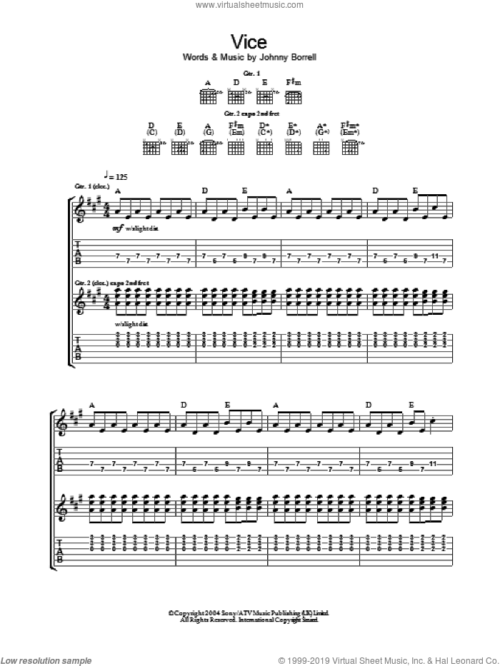 Vice sheet music for guitar (tablature) by Razorlight and Johnny Borrell, intermediate skill level