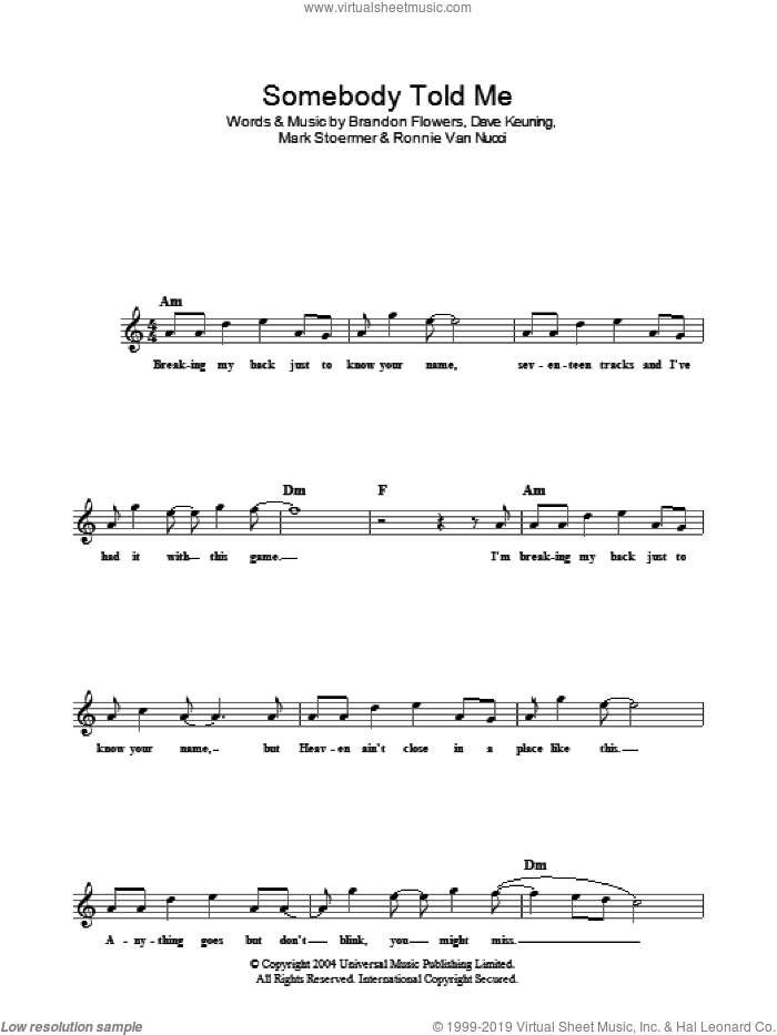 Somebody Told Me sheet music for voice and other instruments (fake book) by The Killers, Brandon Flowers, Dave Keuning, Mark Stoermer, Ronnie Van Nucci and Ronnie Vannucci, intermediate skill level