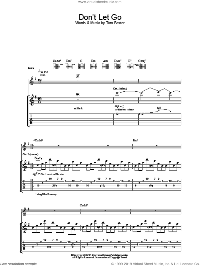 Don't Let Go sheet music for guitar (tablature) by Tom Baxter, intermediate skill level