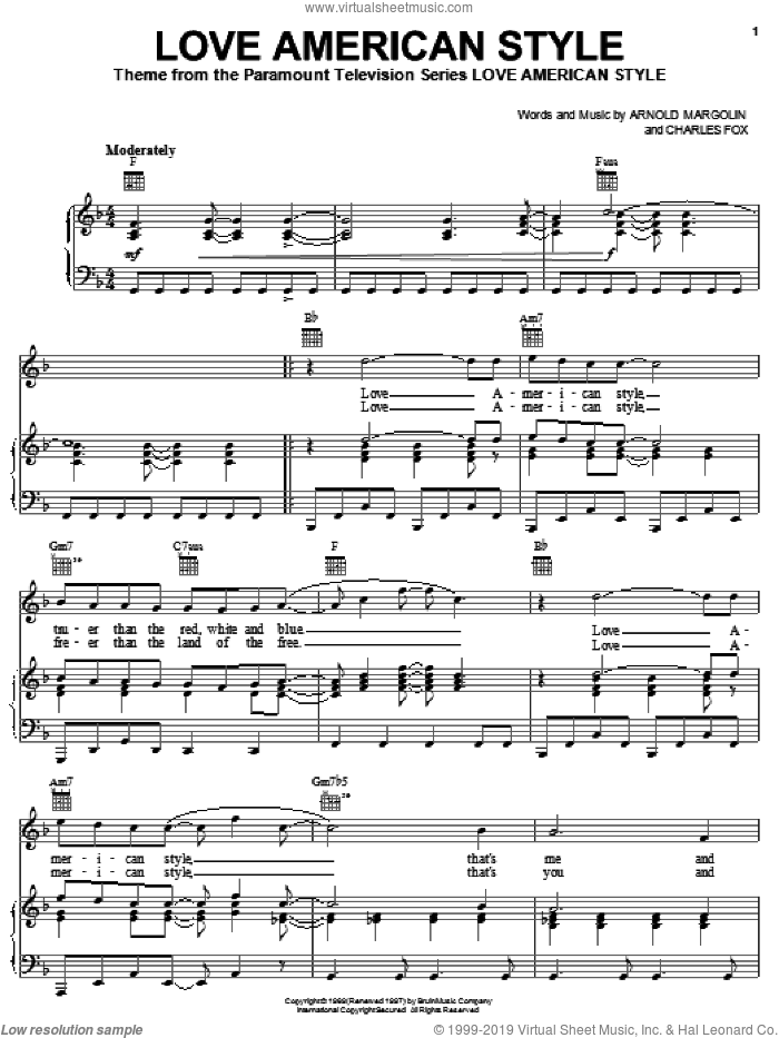 Love American Style sheet music for voice, piano or guitar by The Cowsills, Arnold Margolin and Charles Fox, intermediate skill level