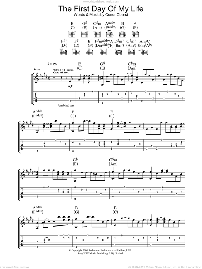 First Day Of My Life sheet music for guitar (tablature) by Bright Eyes and Conor Oberst, intermediate skill level