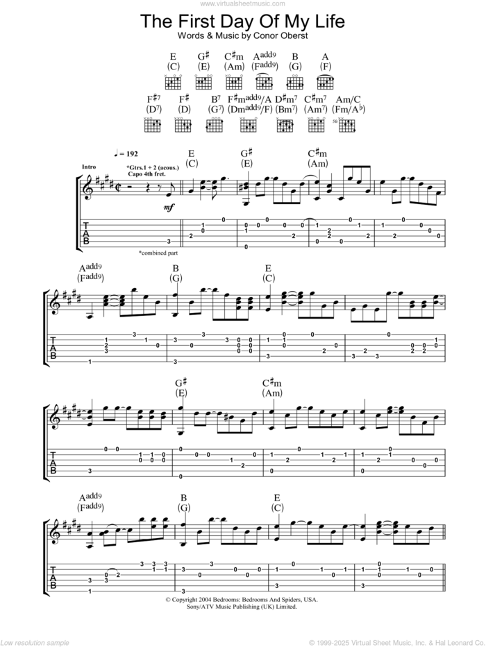 First Day Of My Life sheet music for guitar (tablature) by Bright Eyes and Conor Oberst, intermediate skill level