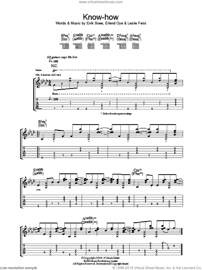 Know-How sheet music for guitar (tablature) by Kings Of Convenience, Eirik Boee, Erlend Oye and Leslie Feist, intermediate skill level
