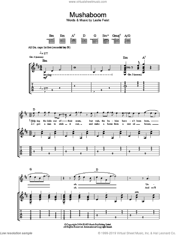 Mushaboom sheet music for guitar (tablature) by Leslie Feist, intermediate skill level