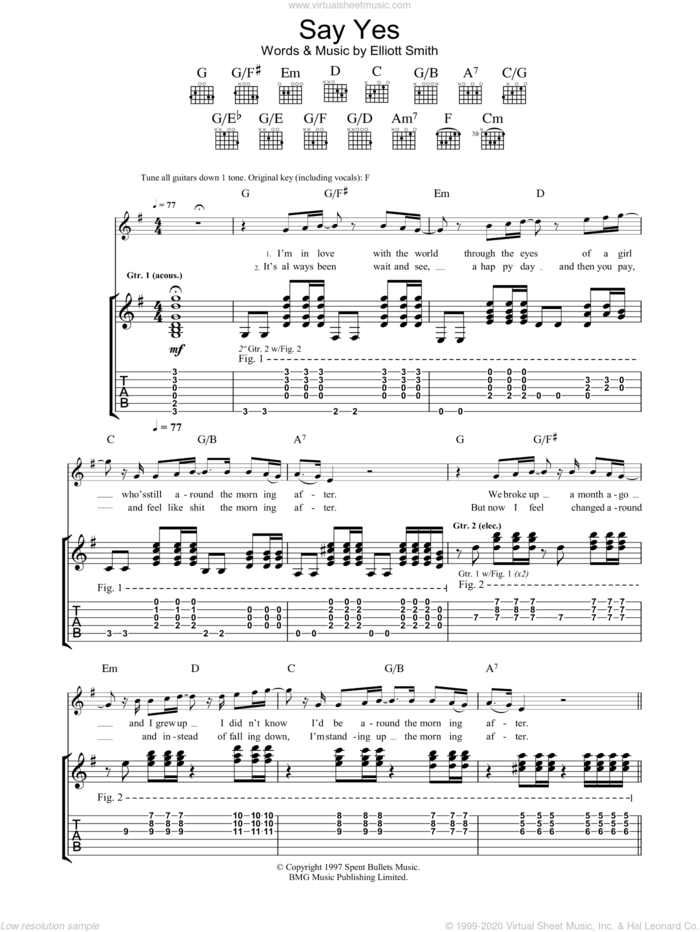 Say Yes sheet music for guitar (tablature) by Elliott Smith, intermediate skill level
