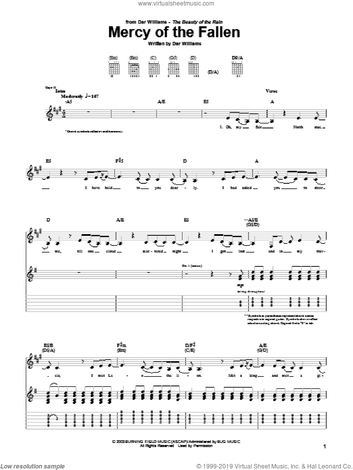 Mercy Of The Fallen sheet music for guitar (tablature) by Dar Williams, intermediate skill level