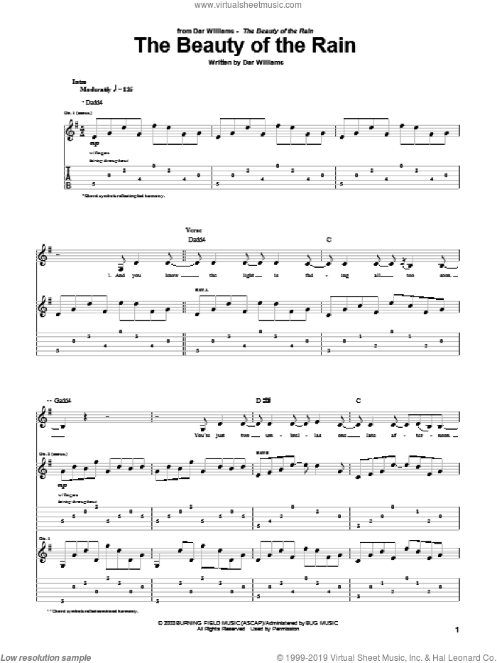 The Beauty Of The Rain sheet music for guitar (tablature) by Dar Williams, intermediate skill level
