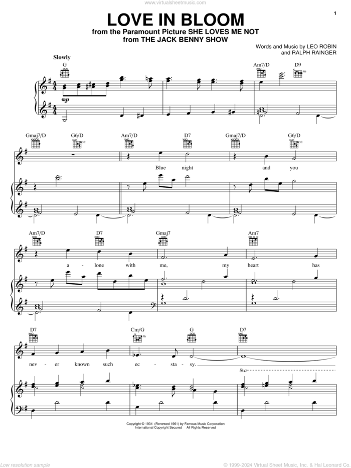 Love In Bloom sheet music for voice, piano or guitar by Leo Robin and Ralph Rainger, intermediate skill level