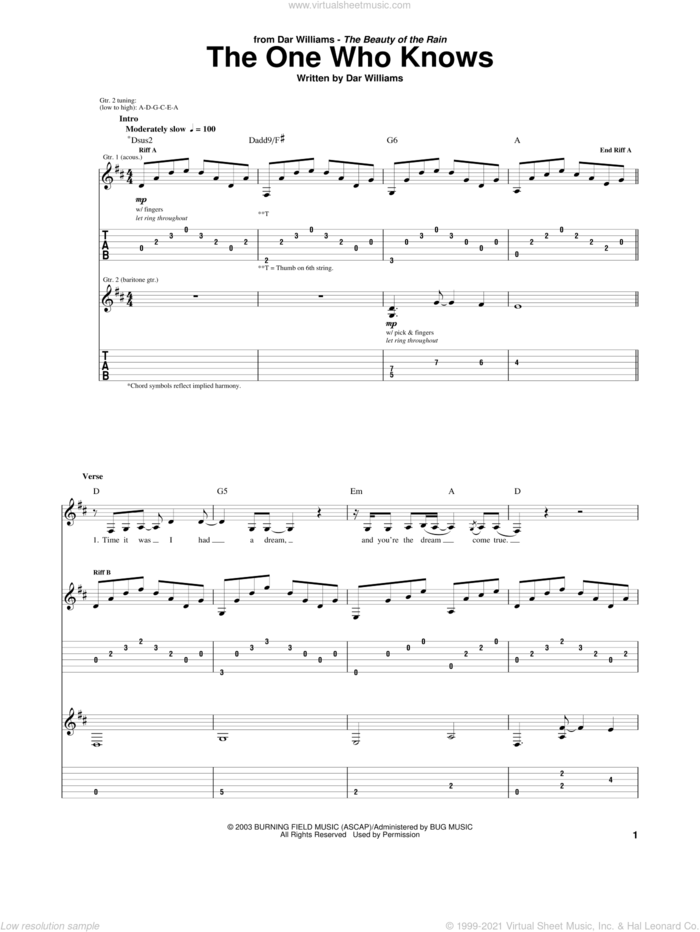 The One Who Knows sheet music for guitar (tablature) by Dar Williams, intermediate skill level