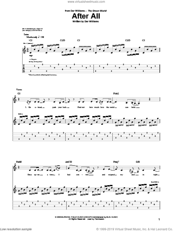 After All sheet music for guitar (tablature) by Dar Williams, intermediate skill level