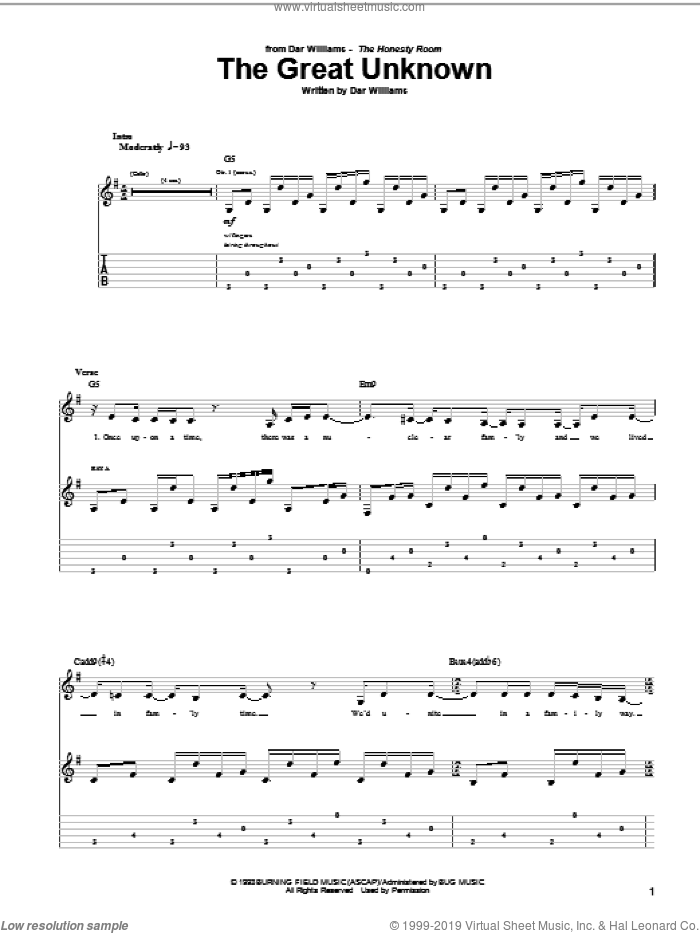 The Great Unknown sheet music for guitar (tablature) by Dar Williams, intermediate skill level