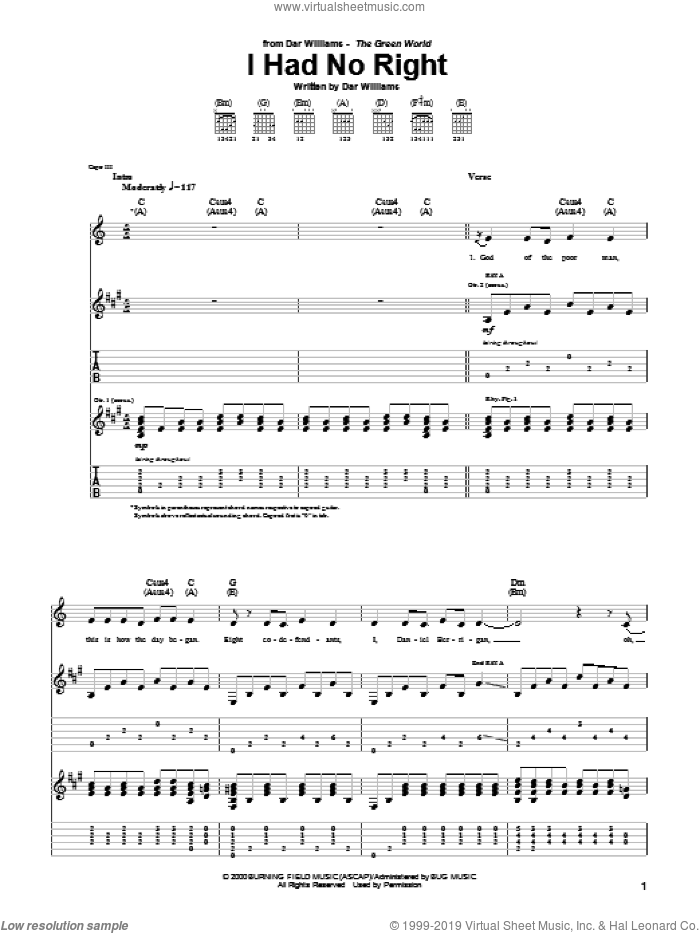 I Had No Right sheet music for guitar (tablature) by Dar Williams, intermediate skill level