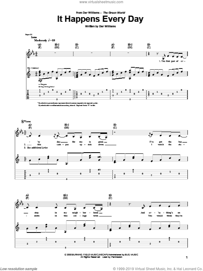 It Happens Every Day sheet music for guitar (tablature) by Dar Williams, intermediate skill level