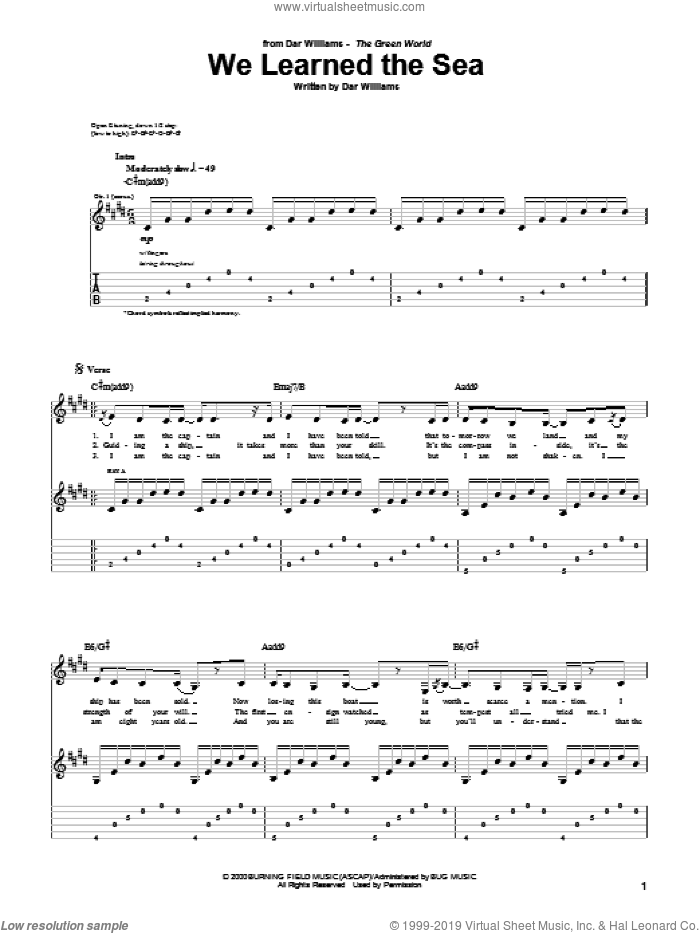 We Learned The Sea sheet music for guitar (tablature) by Dar Williams, intermediate skill level