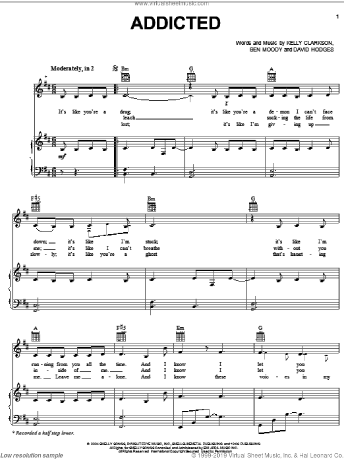Addicted sheet music for voice, piano or guitar by Kelly Clarkson, Ben Moody and David Hodges, intermediate skill level