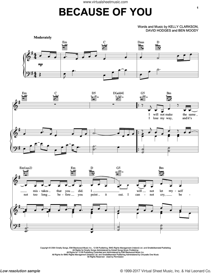 Because Of You sheet music for voice, piano or guitar by Kelly Clarkson, Ben Moody and David Hodges, intermediate skill level