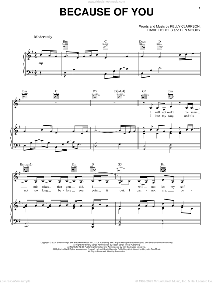 Because Of You sheet music for voice, piano or guitar by Kelly Clarkson, Ben Moody and David Hodges, intermediate skill level