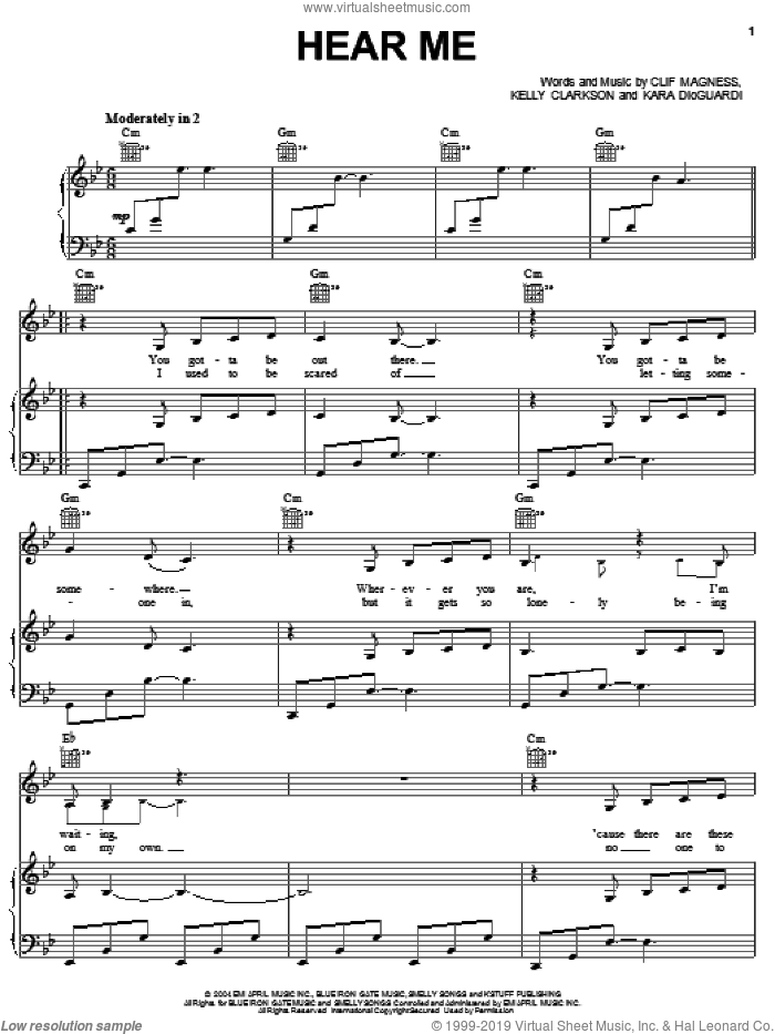 Hear Me sheet music for voice, piano or guitar by Kelly Clarkson, Clif Magness and Kara DioGuardi, intermediate skill level