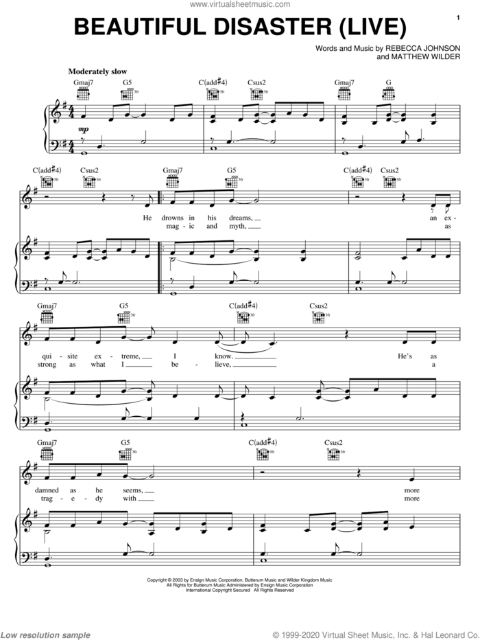 Beautiful Disaster (Live) sheet music for voice, piano or guitar by Kelly Clarkson, Matthew Wilder and Rebecca Johnson, intermediate skill level