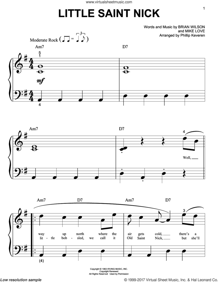 Little Saint Nick (arr. Phillip Keveren) sheet music for piano solo (big note book) by The Beach Boys, Phillip Keveren, Brian Wilson and Mike Love, easy piano (big note book)
