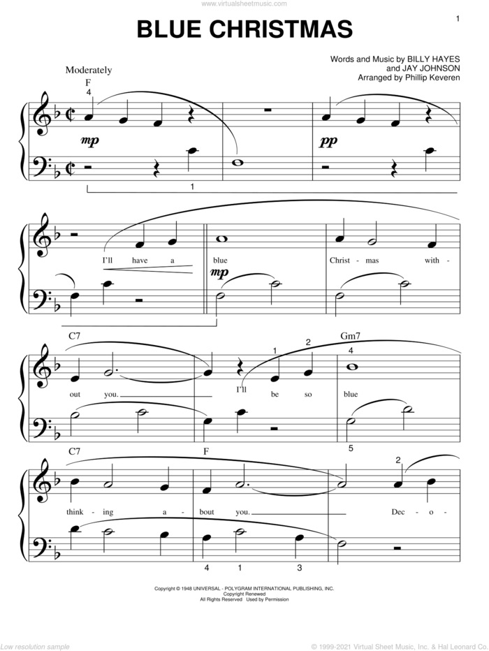 Blue Christmas (arr. Phillip Keveren) sheet music for piano solo (big note book) by Elvis Presley, Phillip Keveren, Billy Hayes and Jay Johnson, easy piano (big note book)