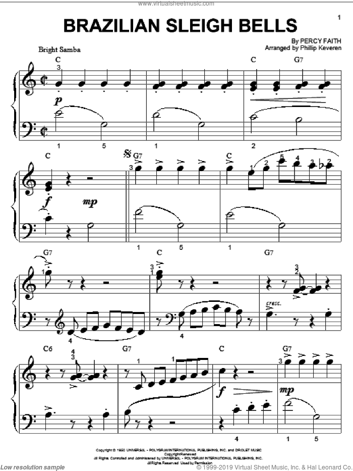 Brazilian Sleigh Bells (arr. Phillip Keveren) sheet music for piano solo (big note book) by Percy Faith and Phillip Keveren, easy piano (big note book)